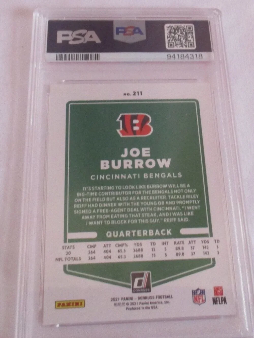 2021 DONRUSS JOE BURROW VARATION #211 GEM MINT 10